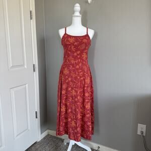 Pact Woman’s Sz L Fit and Flare Strappy Midi Dress Pink Pockets Organic Cotton